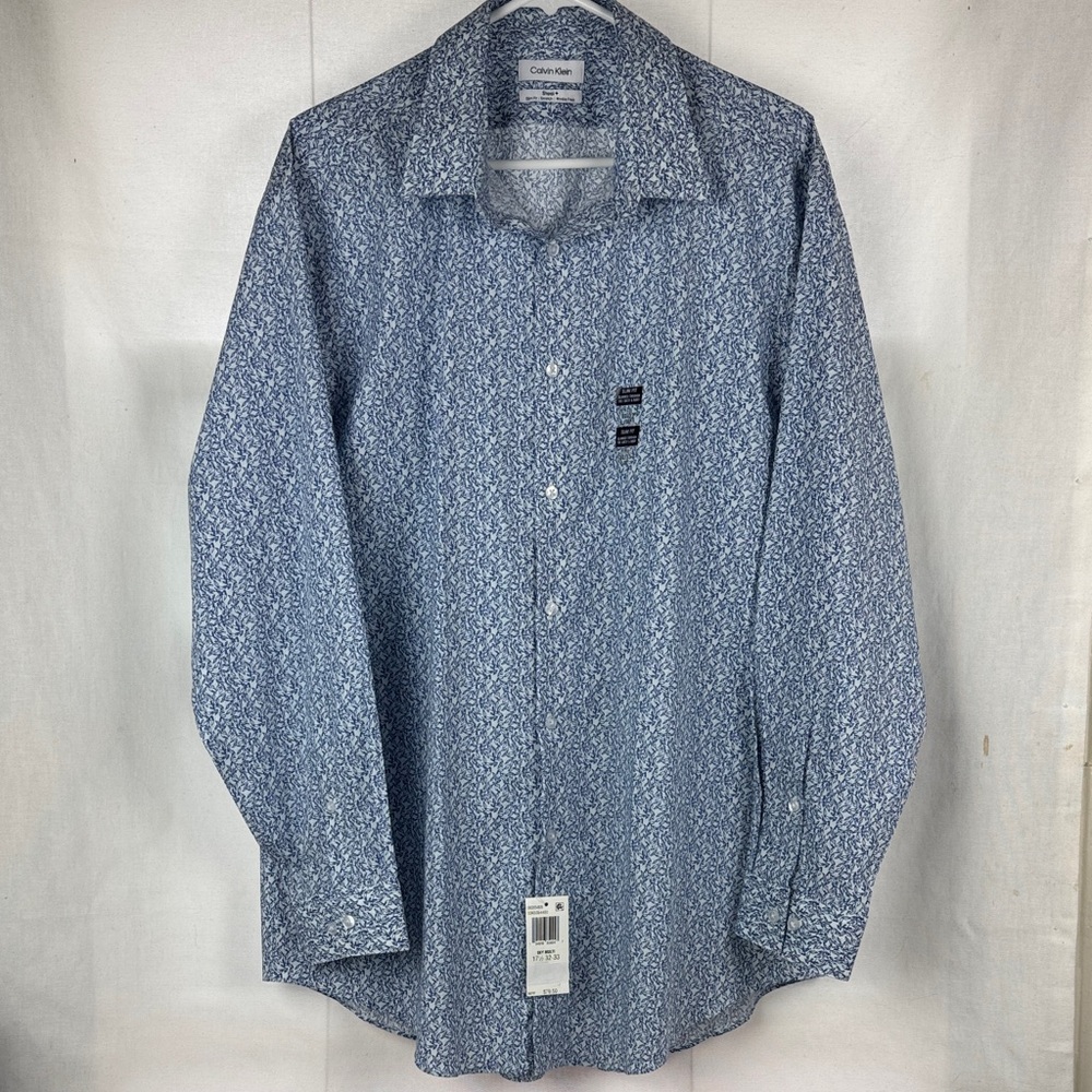 Calvin Klein Men's Blue Gray Patterned Button Down Shirt 17.5